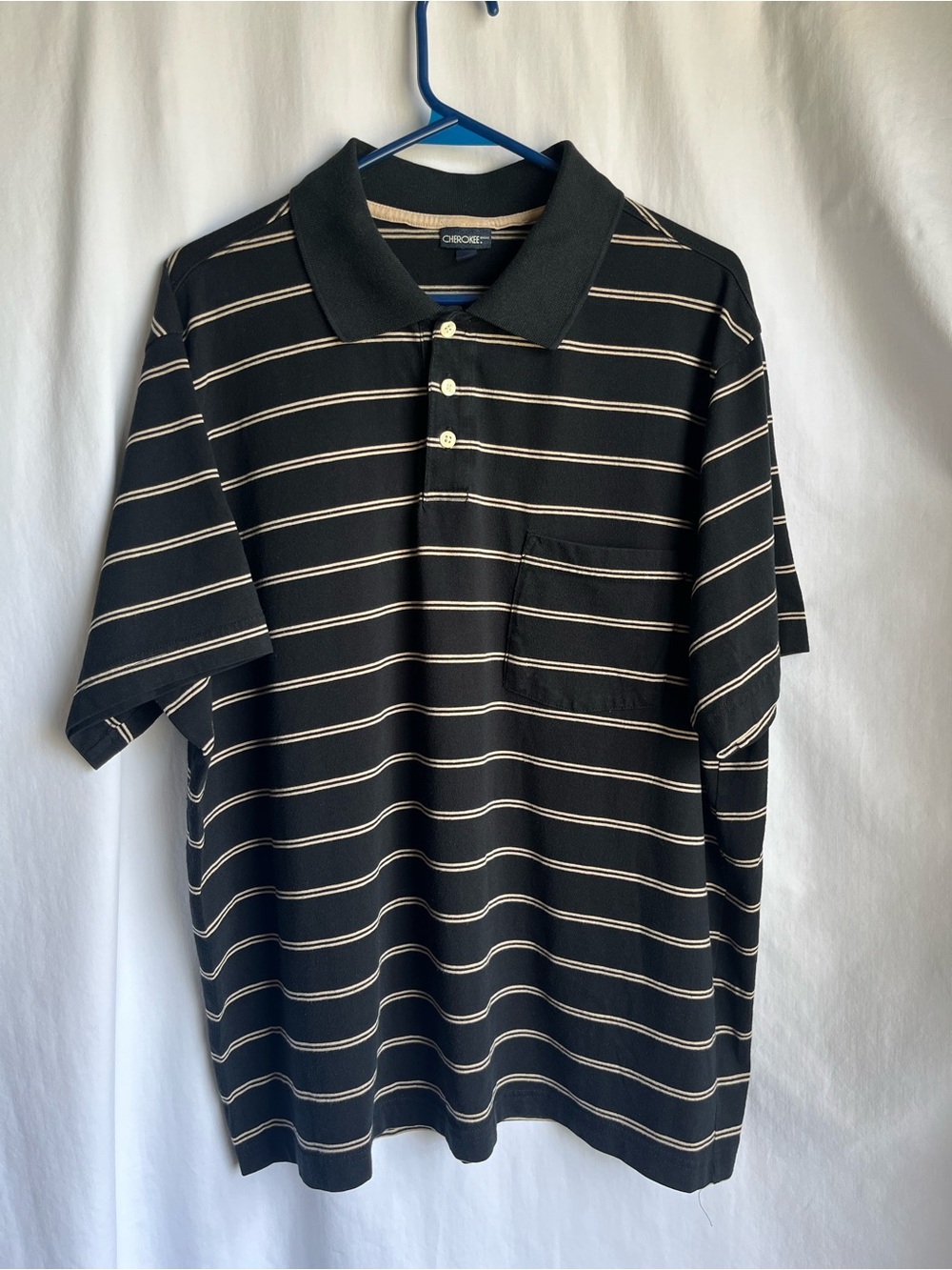 Cherokee Black Polo with Cream Striped Pattern and Chest Pocket